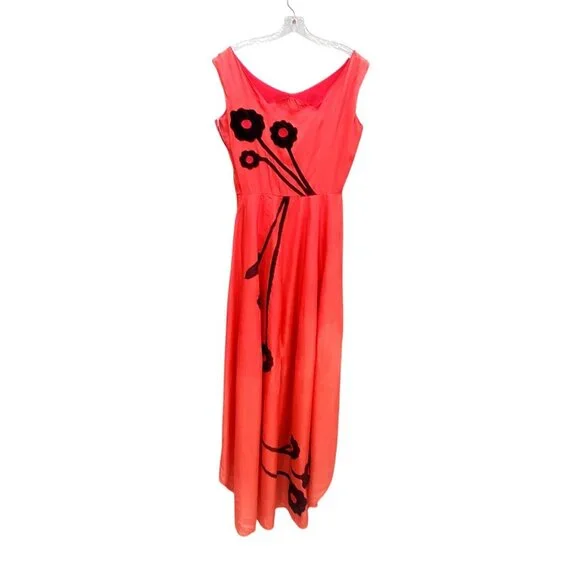 Vintage 30s Style Red Orange Acetate Maxi Size S Black Appliqué Gown Prom Dress - Picture 14 of 14